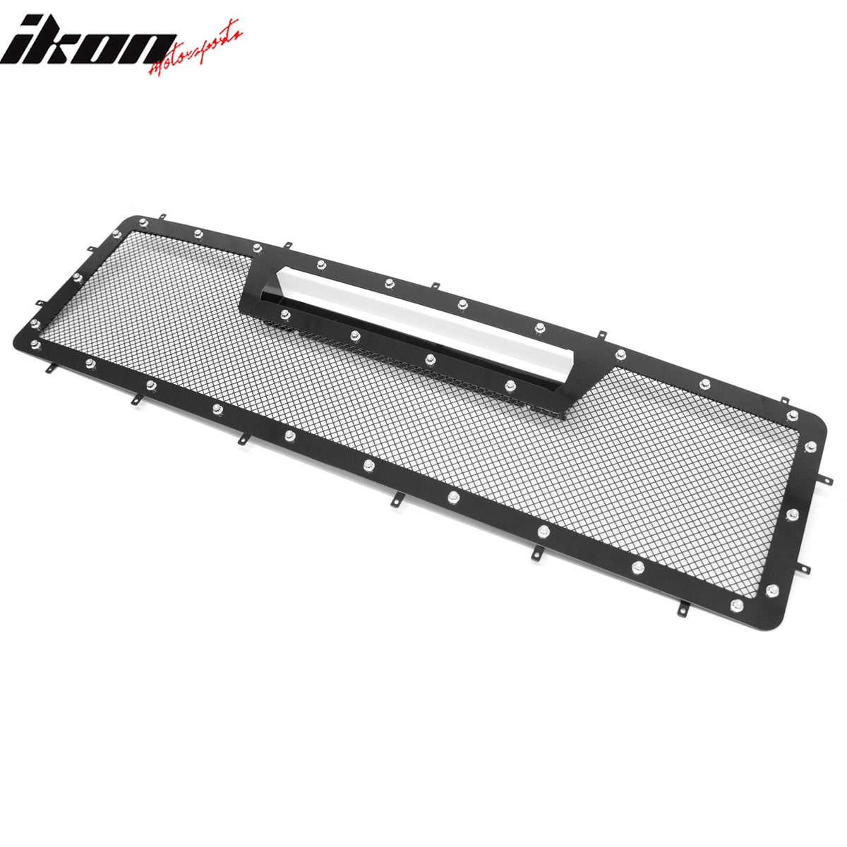 IKON MOTORSPORTS Front Bumper Grille, Compatible with 2008-2010 Ford F-250 F-350 Super Duty, Black Mesh Style with Chrome Rivets Replacement Front Bumper Grill Assembly, 1Piece