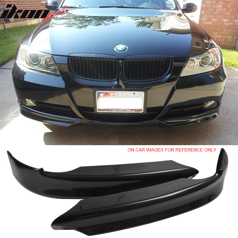 IKON MOTORSPORTS, Front Splitter Compatible With 2006-2008 BMW 3 Series E90 4Door, Matte Carbon Fiber Factory Style Front Bumper Lip Spoiler Pair, 2007