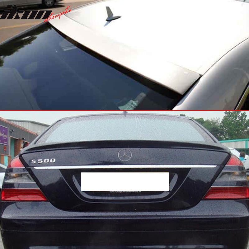 IKON MOTORSPORTS, Roof & Trunk Spoiler Compatible With 2007-2013 W221 4Dr, Pre-Painted Black # 040 AMG Trunk + L Type Rear Spoiler Wing, 2008 2009 2010 2011 2012