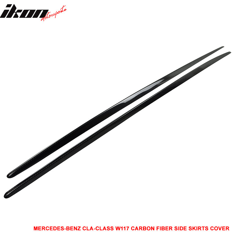 IKON MOTORSPORTS, Side Skirt Cover Compatible With 2014-2018 Mercedes-Benz CLA-Class W117 AMG Sport Sedan, Matte Carbon Fiber Side Skirt Extension Rocker Panel Pair, 2015 2016 2017