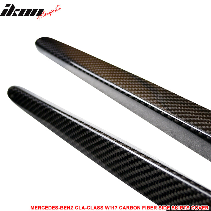 IKON MOTORSPORTS, Side Skirt Cover Compatible With 2014-2018 Mercedes-Benz CLA-Class W117 AMG Sport Sedan, Matte Carbon Fiber Side Skirt Extension Rocker Panel Pair, 2015 2016 2017