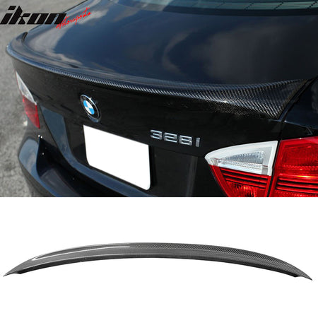 IKON MOTORSPORTS, Trunk Spoiler Compatible With 2005-2011 BMW 3-Series E90 4Dr Sedan , Matte Carbon Fiber M3 Style Rear Spoiler Wing, 2006 2007 2008 2009 2010