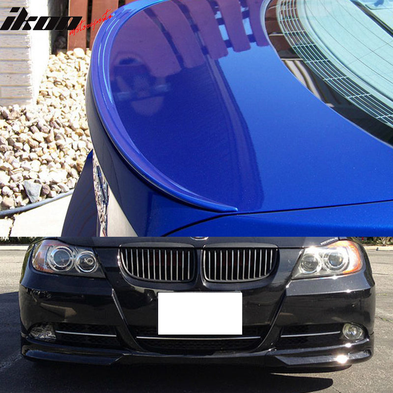 Trunk Spoiler & Front Lip Compatible With 2006-2008 BMW 3 Series E90, Factory Style ABS #668 Jet Black Rear Deck Lip Wing by IKON MOTORSPORTS, 2007
