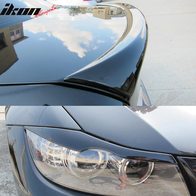 Trunk Spoiler & Headlight Eye Lid Compatible With 2005-2011 BMW E90 Sedan, Factory Style ABS Rear Deck Lip Wing by IKON MOTORSPORTS, 2007 2008 2009 2010