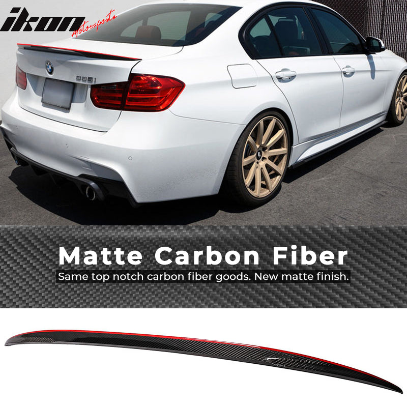 IKON MOTORSPORTS, Trunk Spoiler Compatible With 2012-2018 BMW F30 3-Series Sedan , Matte Carbon Fiber P Style Rear Spoiler Wing, 2013 2014 2015 2016 2017