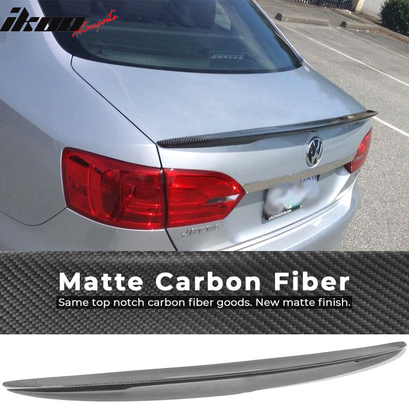 IKON MOTORSPORTS, Trunk Spoiler Compatible With 2011-2014 Volkswagen Jetta MK6 , Matte Carbon Fiber P Style Rear Spoiler Wing, 2012 2013