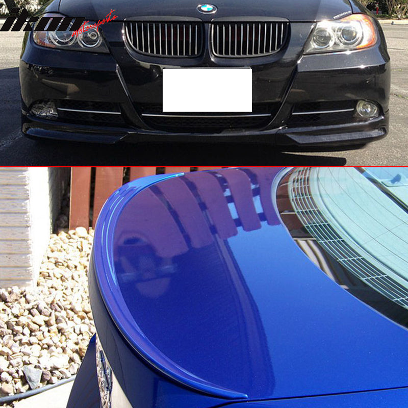 Pre-painted Trunk Spoiler + Front Splitter Compatible With 2006-2008 BMW 3 Series E90, Factory Style #475 Black Sapphire Rear Boot Deck Lid Roof Wing other color available by IKON MOTORSPORTS