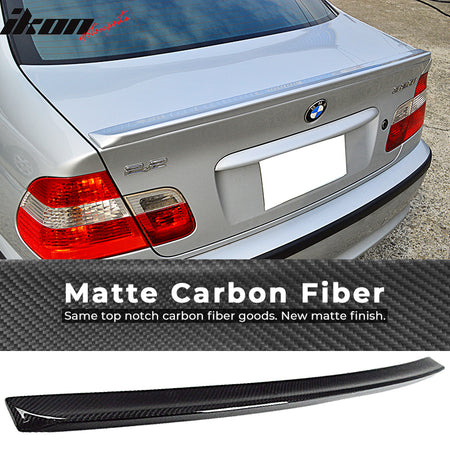 IKON MOTORSPORTS, Trunk Spoiler Compatible With 1999-2005 BMW 3 Series E46, Matte Carbon Fiber Ikon Style Rear Spoiler Wing, 2000 2001 2002 2003 2004