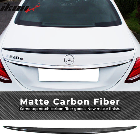 IKON MOTORSPORTS, Trunk Spoiler Compatible With 2017-2020 Mercedes-Benz E Class W213 Sedan, Matte Carbon Fiber Factory Style Rear Spoiler Wing, 2018 2019