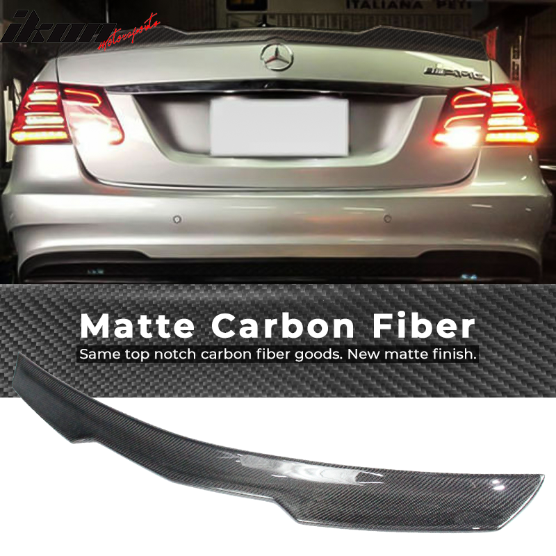 IKON MOTORSPORTS, Trunk Spoiler Compatible With 2010-2016 Mercedes Benz E-Class W212 4Door Sedan, Matte Carbon Fiber V Style Rear Spoiler Wing, 2011 2012 2013 2014 2015