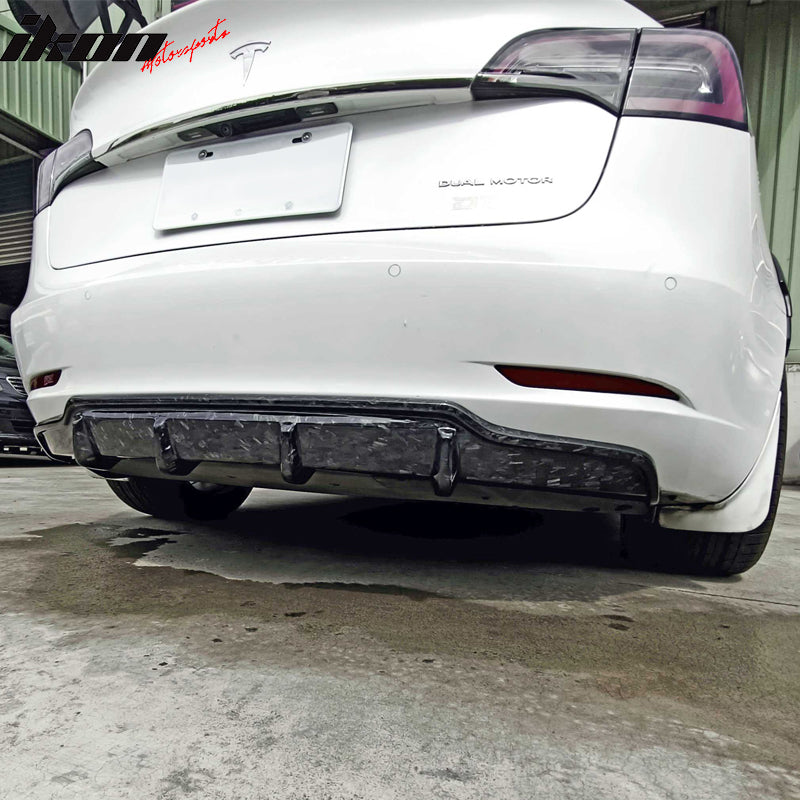 IKON MOTORSPORTS, Rear Diffuser Compatible With 2017-2023 Tesla Model 3, Forged Carbon Fiber V Style Rear Bumper Lip Diffuser Spoiler Splitter Bodykit, 2018 2019 2020