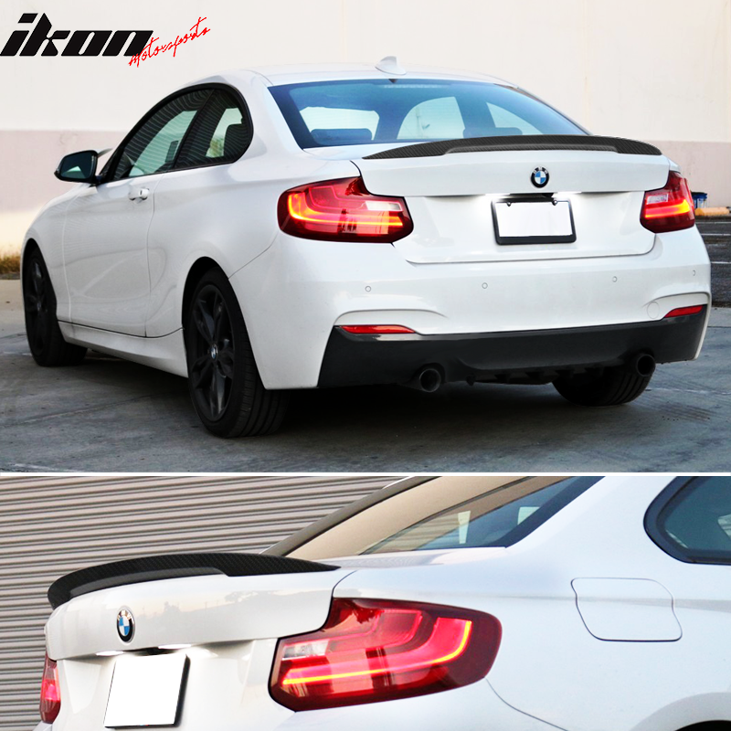 IKON MOTORSPORTS, Trunk Spoiler Compatible With 2014-2021 BMW F22, High Kick Performance Style Trunk Spoiler Wing - Carbon Fiber