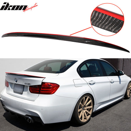 IKON MOTORSPORTS, Trunk Spoiler Compatible With 2012-2018 BMW F30 3-Series Sedan , Matte Carbon Fiber P Style Rear Spoiler Wing, 2013 2014 2015 2016 2017