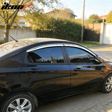 IKON MOTORSPORTS Window Visors Compatible with 2010-2017 Hyundai Accent Sedan 4-Door Only, ABS Plastic Chrome Rain Guards, Side Window Wind Deflectors 4PCS