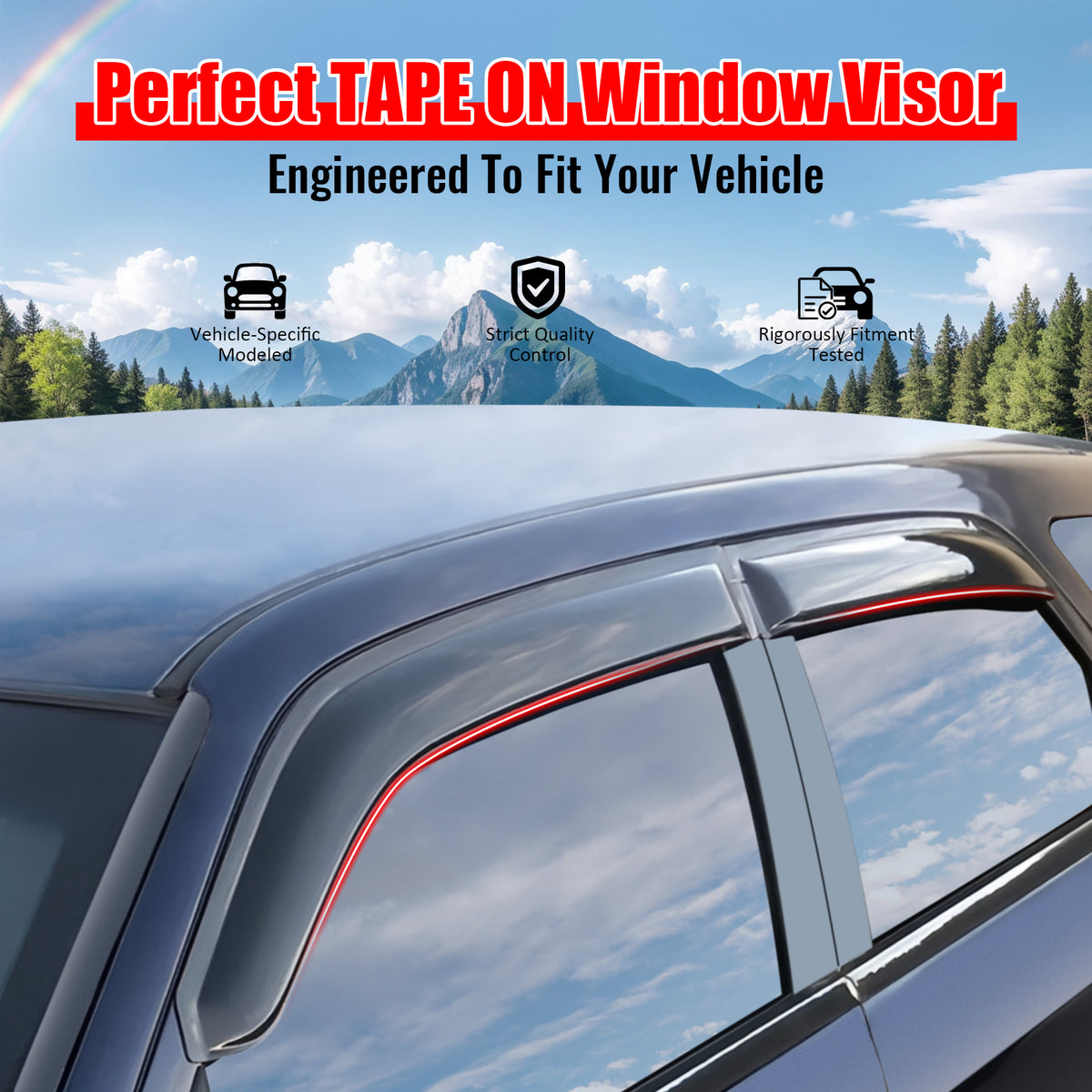 IKON MOTORSPORTS Tape on Window Visors Compatible with 2022-2025 Rivian R1T, Acrylic Smoke/Tinted Rain Guards, Side Window Wind Deflectors 4PCS