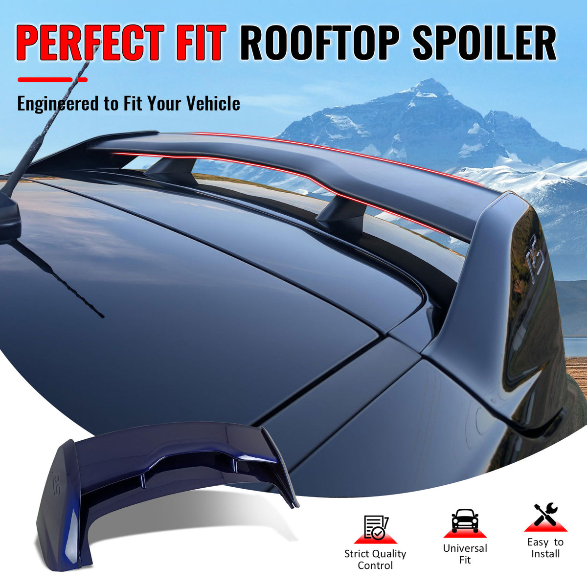 IKON MOTORSPORTS, Roof Spoiler Compatible with 2012-2018 Ford Focus, RS Style Painted #L6 Kona Blue Metallic ABS Black Rear Window Wing, 2013 2014 2015 2016 2017