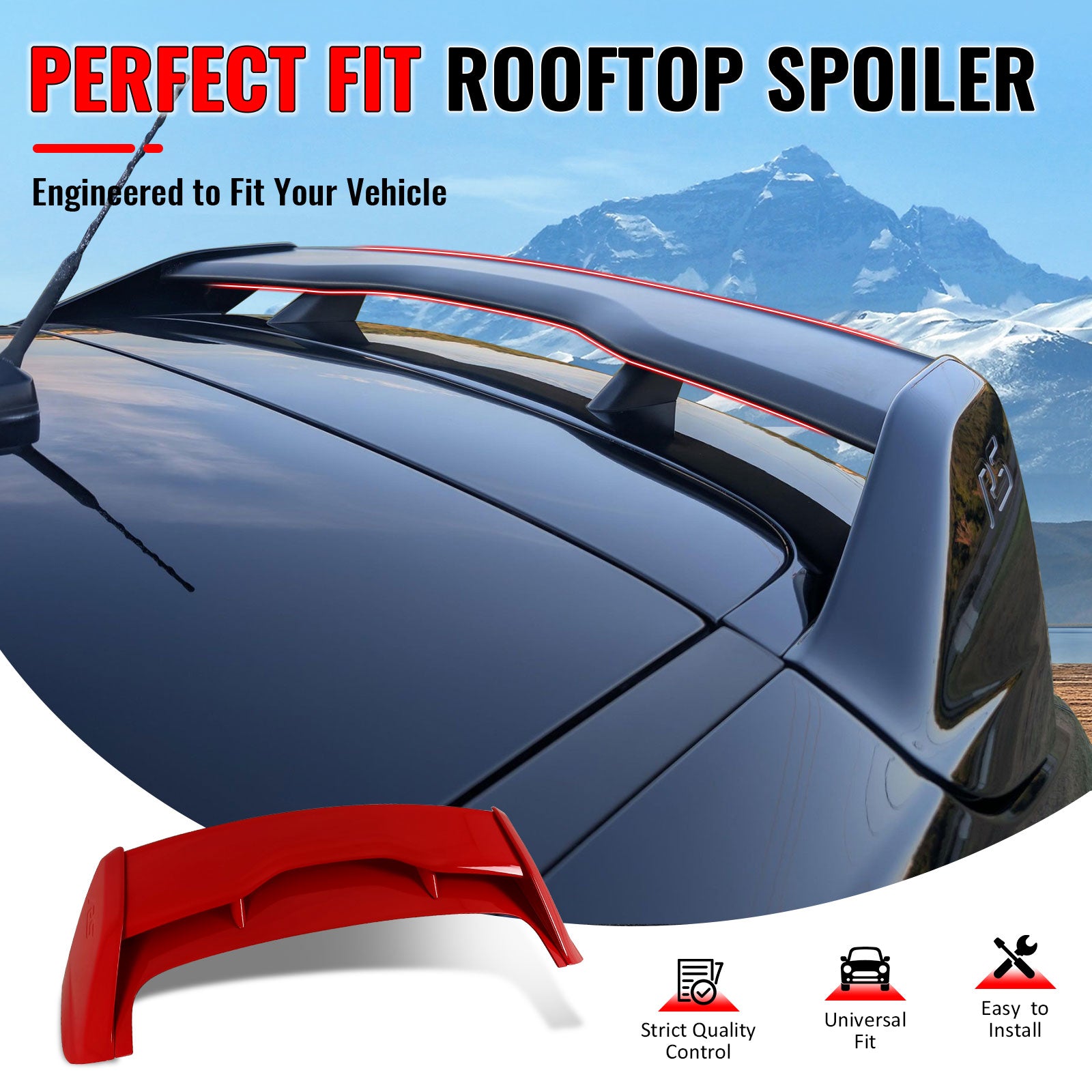 IKON MOTORSPORTS, Roof Spoiler Fits 2012-2018 Ford Focus, RS Style Painted #PQ Race Red ABS Black Rear Window Wing, 2013 2014 2015 2016 2017