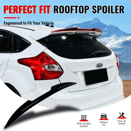 IKON MOTORSPORTS, Rear Window Roof Spoiler Compatible with 2013-2018 Ford Focus ST, V Style Painted Gloss Black ABS Plastic Top Roofline Windshield Visor Spoiler Wing