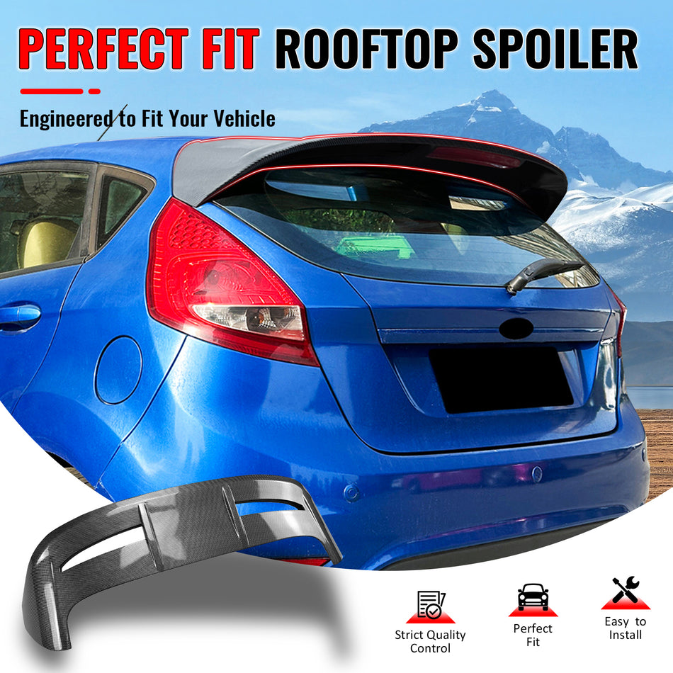 IKON MOTORSPORTS, Rear Window Roof Spoiler Compatible with 2011-2019 Ford Fiesta Hatchback, ST Style Painted Carbon Fiber Print ABS Plastic Top Roofline Windshield Visor Spoiler Wing