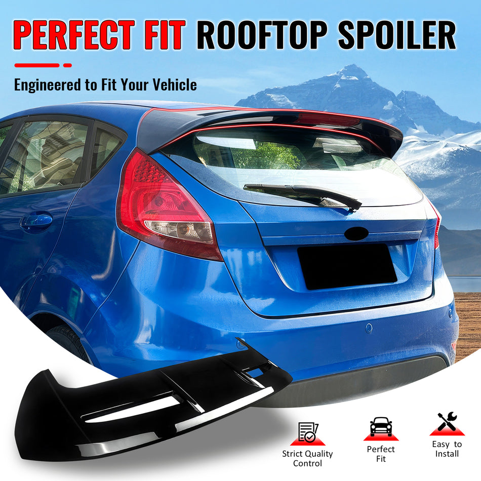IKON MOTORSPORTS, Rear Window Roof Spoiler Compatible with 2011-2019 Ford Fiesta Hatchback, ST Style Painted Gloss Black ABS Plastic Top Roofline Windshield Visor Spoiler Wing