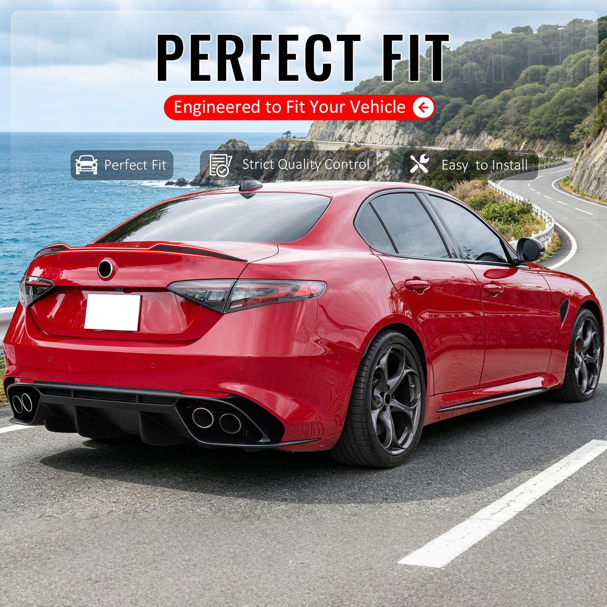 IKON MOTORSPORTS, Trunk Spoiler Compatible with 2017-2026 Alfa Romeo Giulia, OE Style Carbon Fiber Print ABS Rear Trunk Lid Spoiler Wing Lip