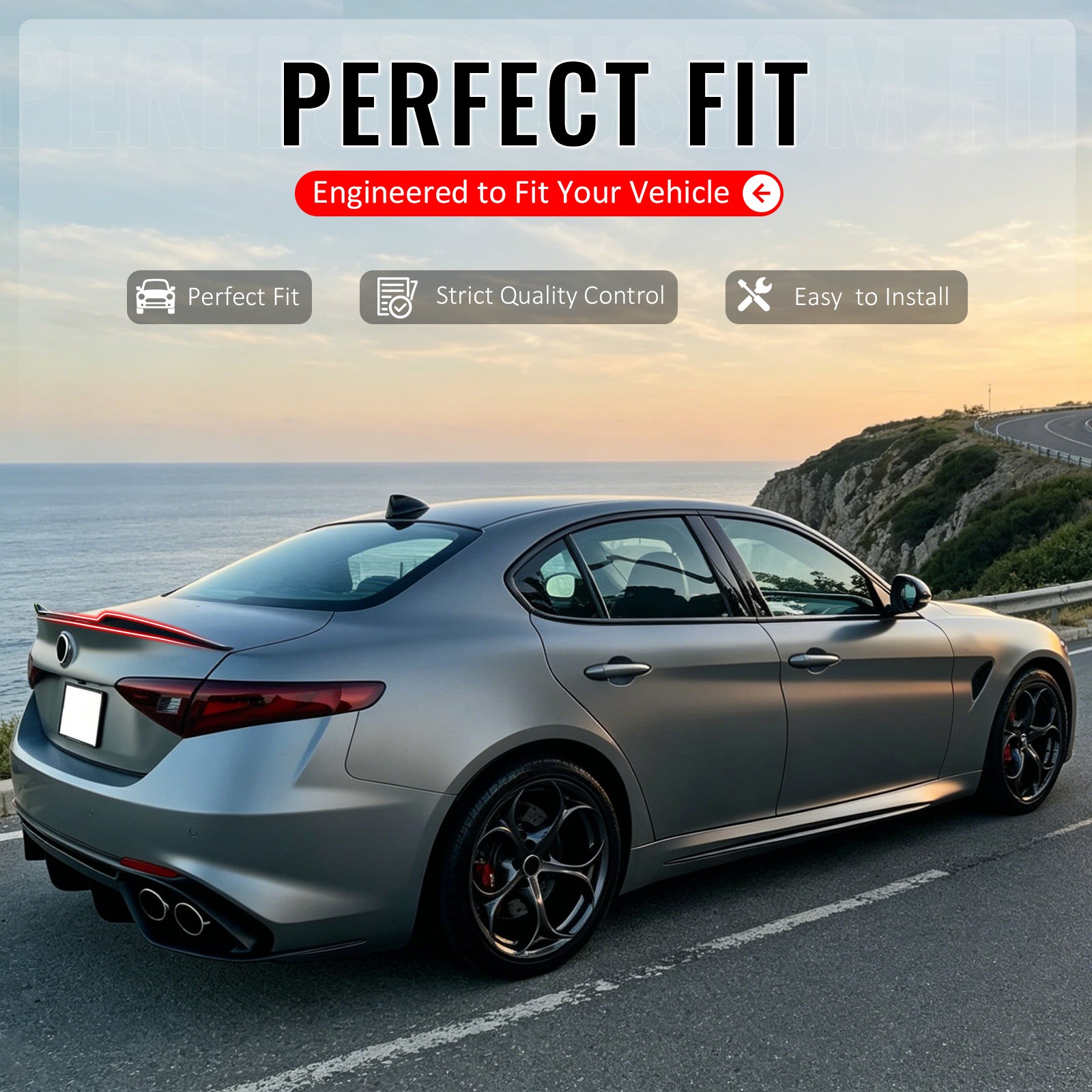 IKON MOTORSPORTS, Trunk Spoiler Compatible with 2017-2026 Alfa Romeo Giulia, OE Style Gloss Black ABS Rear Trunk Lid Spoiler Wing Lip