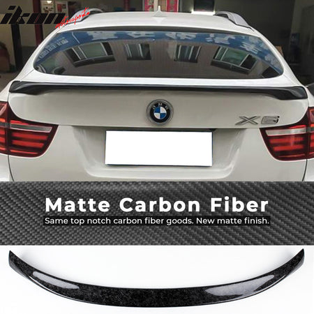IKON MOTORSPORTS, Trunk Spoiler Compatible With 2008-2014 BMW X6 E71 , Matte Forged Carbon Fiber P Style Rear Spoiler Wing, 2009 2010 2011 2012 2013