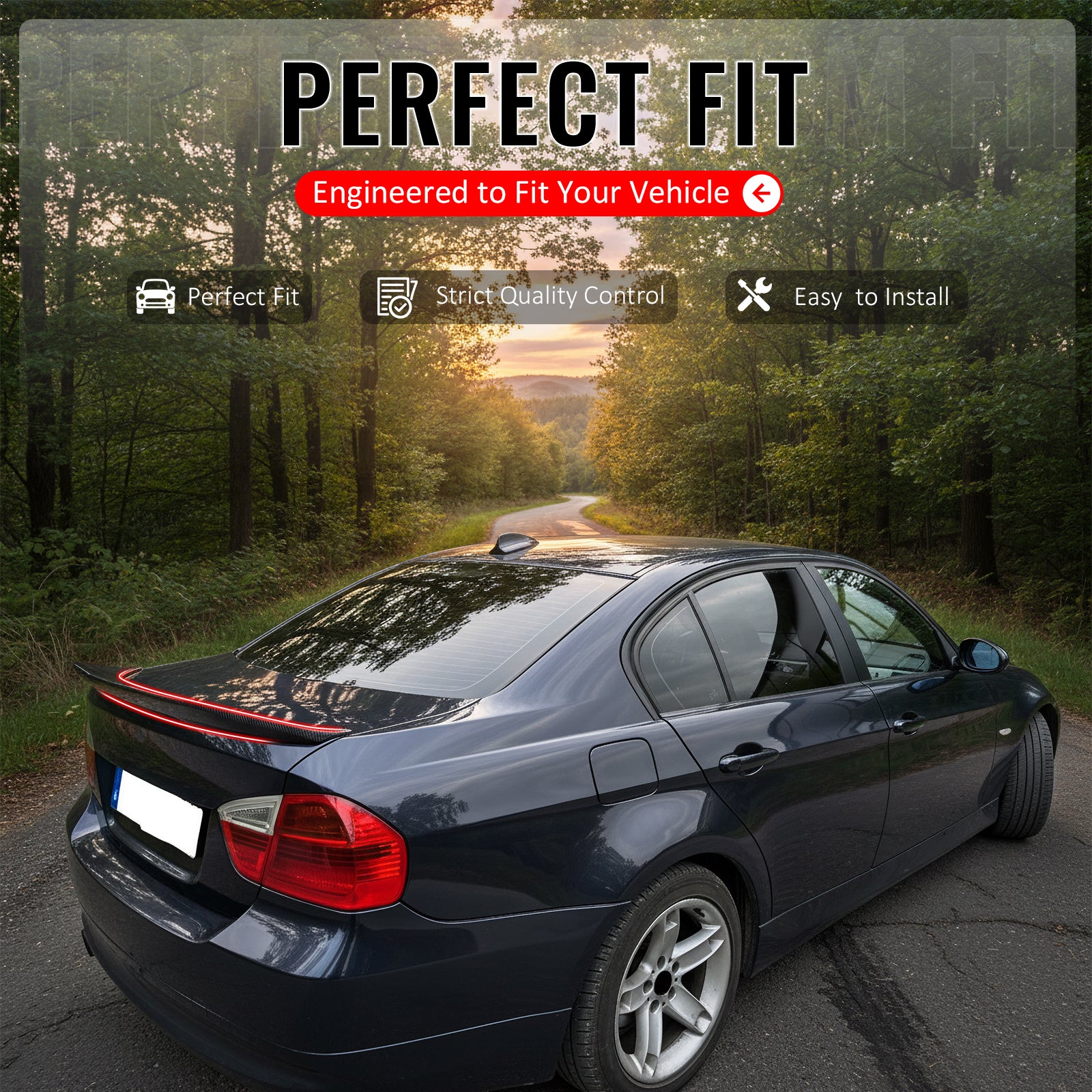 IKON MOTORSPORTS, Trunk Spoiler Compatible with 2006-2011 BMW E90 3-Series & M3 Sedan 323i 325i 328i 330i 335i xDrive, Carbon Fiber Print PSM Style ABS Plastic Rear Trunk Lid Spoiler Wing Lip