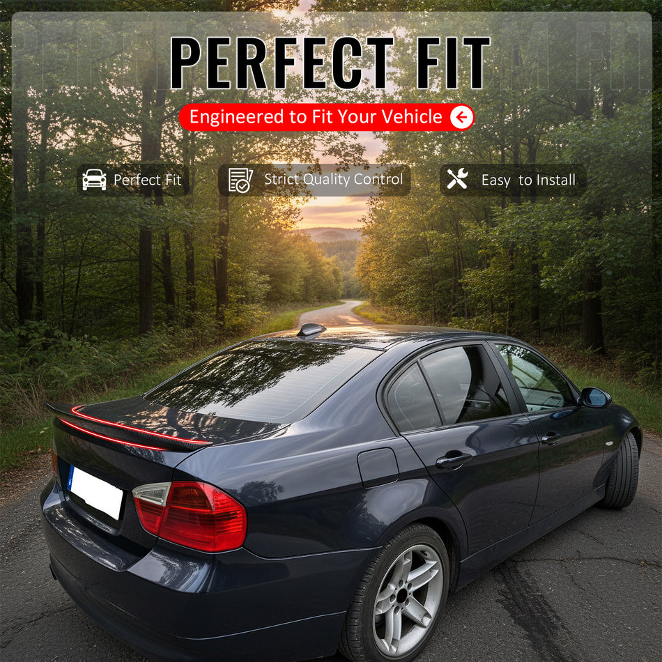 IKON MOTORSPORTS, Trunk Spoiler Compatible with 2006-2011 BMW E90 3-Series & M3 Sedan 323i 325i 328i 330i 335i xDrive, Carbon Fiber Print PSM Style ABS Plastic Rear Trunk Lid Spoiler Wing Lip