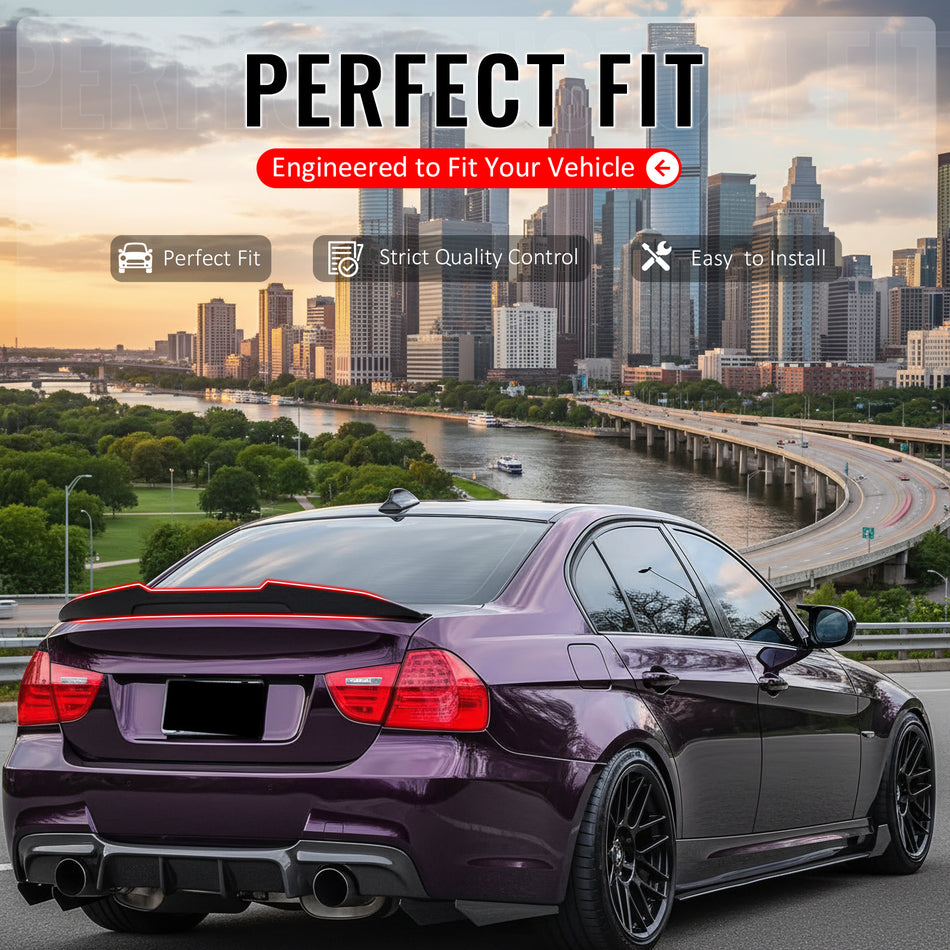 IKON MOTORSPORTS, Trunk Spoiler Compatible with 2006-2011 BMW E90 3-Series & M3 Sedan 323i 325i 328i 330i 335i xDrive, Gloss Black PSM Style ABS Plastic Rear Trunk Lid Spoiler Wing Lip