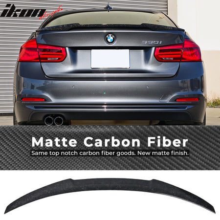 IKON MOTORSPORTS, Trunk Spoiler Compatible With 2012-2019 BMW F30 F80, Matte Forged Carbon Fiber M4 Style Rear Spoiler Wing, 2013 2014 2015 2016 2017 2018