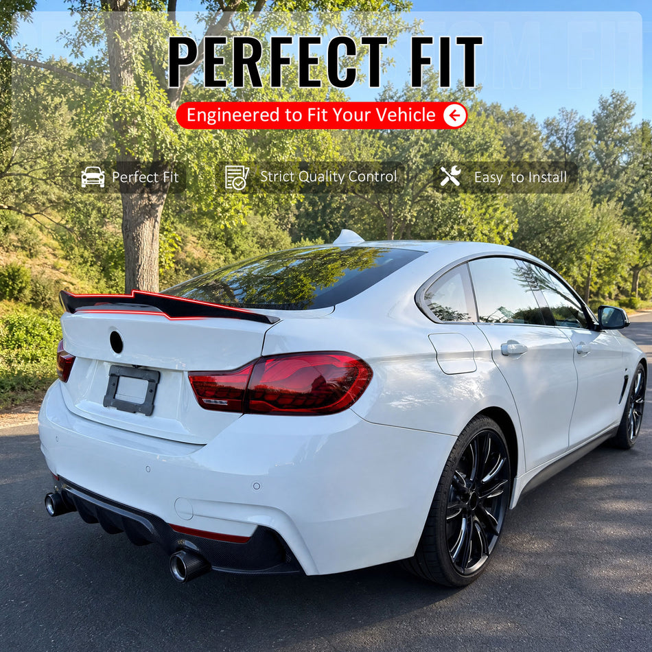 IKON MOTORSPORTS, Trunk Spoiler Compatible with 2015-2020 BMW F36 4 Series Gran Coupe Only, M4 Style Carbon Fiber Print ABS Plastic Add-on Duckbill Rear Trunk Lid Spoiler Wing Lip 1Piece