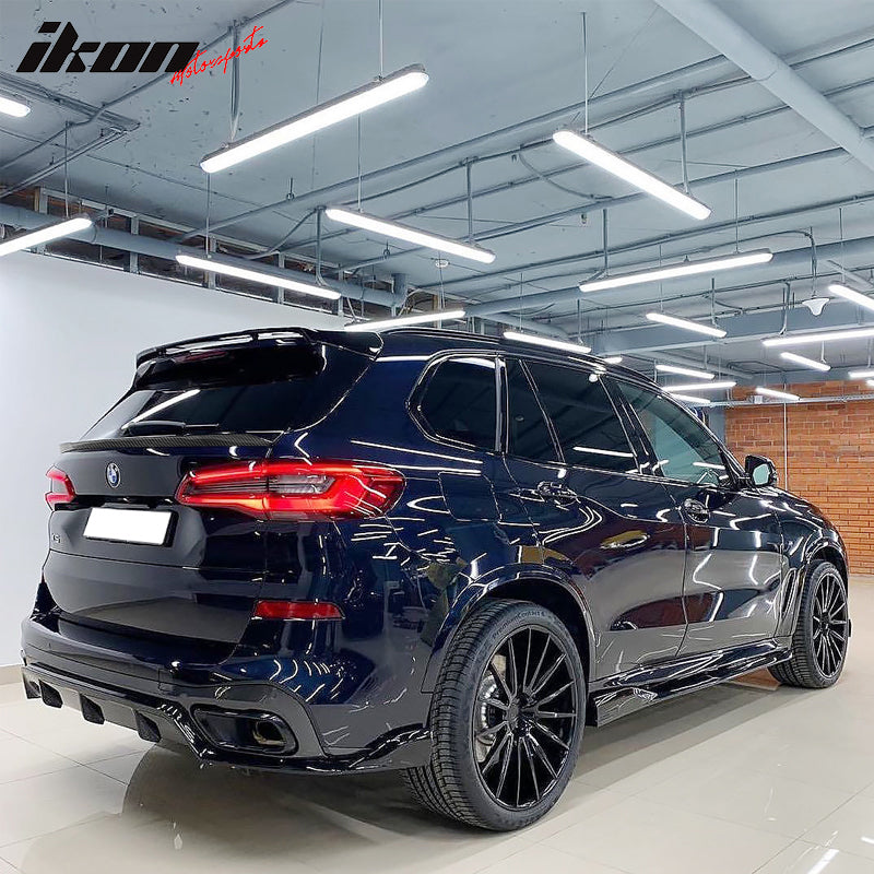 IKON MOTORSPORTS, Trunk Spoiler Compatible With 2019-2023 BMW G05 X5, IKON Style Carbon Fiber Print Tail Mid Rear Middle Spoiler Boot Wing Lip ABS,2020