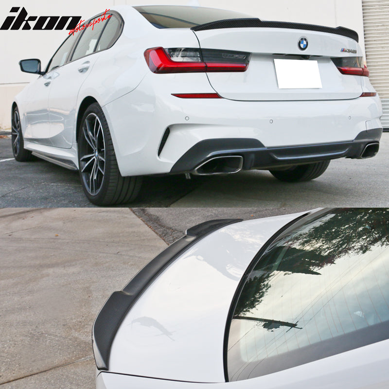 IKON MOTORSPORTS, Trunk Spoiler Compatible With 2019-2024 BMW 3-Series G20, CS Style Rear Trunk Boot Lid Wing Carbon Fiber