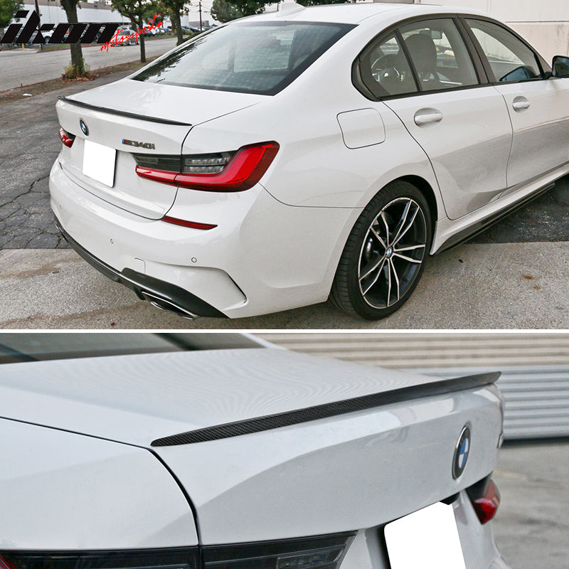 IKON MOTORSPORTS, Trunk Spoiler Compatible With 2019-2024 BMW 3-Series G20, M Style Rear Trunk Boot Lid Wing Carbon Fiber, 2020 2021