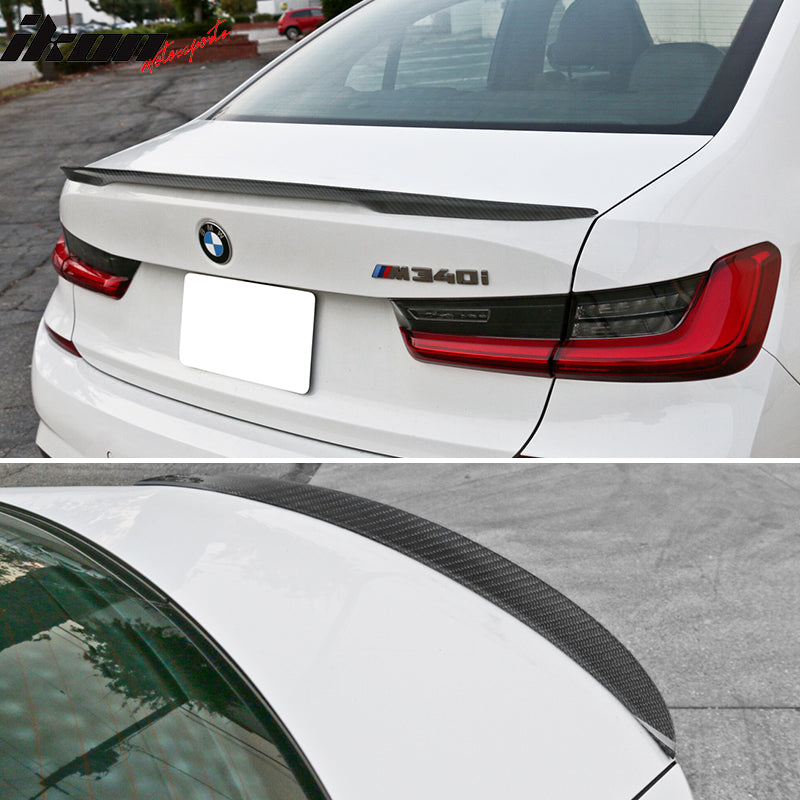 IKON MOTORSPORTS, Trunk Spoiler Compatible With 2019-2024 BMW 3-Series G20, P Style Rear Trunk Boot Lid Wing Carbon Fiber, 2020 2021