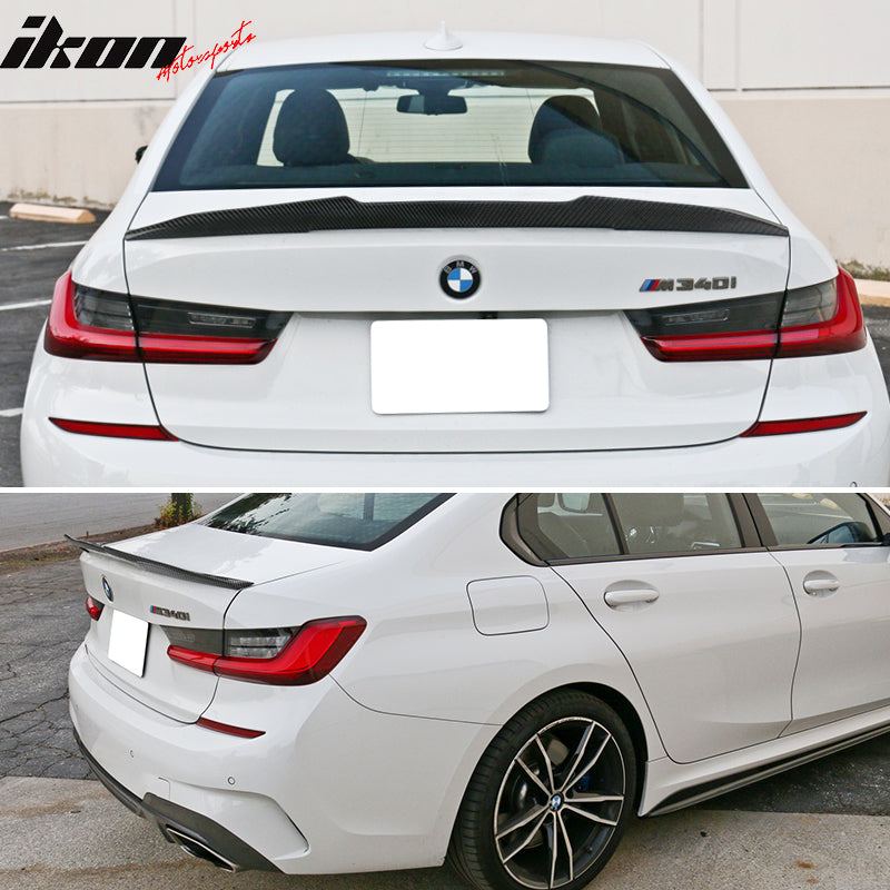 IKON MOTORSPORTS, Trunk Spoiler Compatible With 2019-2024 BMW 3-Series G20, PSM Style Rear Trunk Boot Lid Wing Carbon Fiber