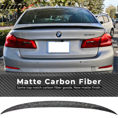 IKON MOTORSPORTS, Trunk Spoiler Compatible With 2017-2023 BMW G30 5 Series , Matte Forged Carbon Fiber IKON Style Rear Spoiler Wing, 2018 2019