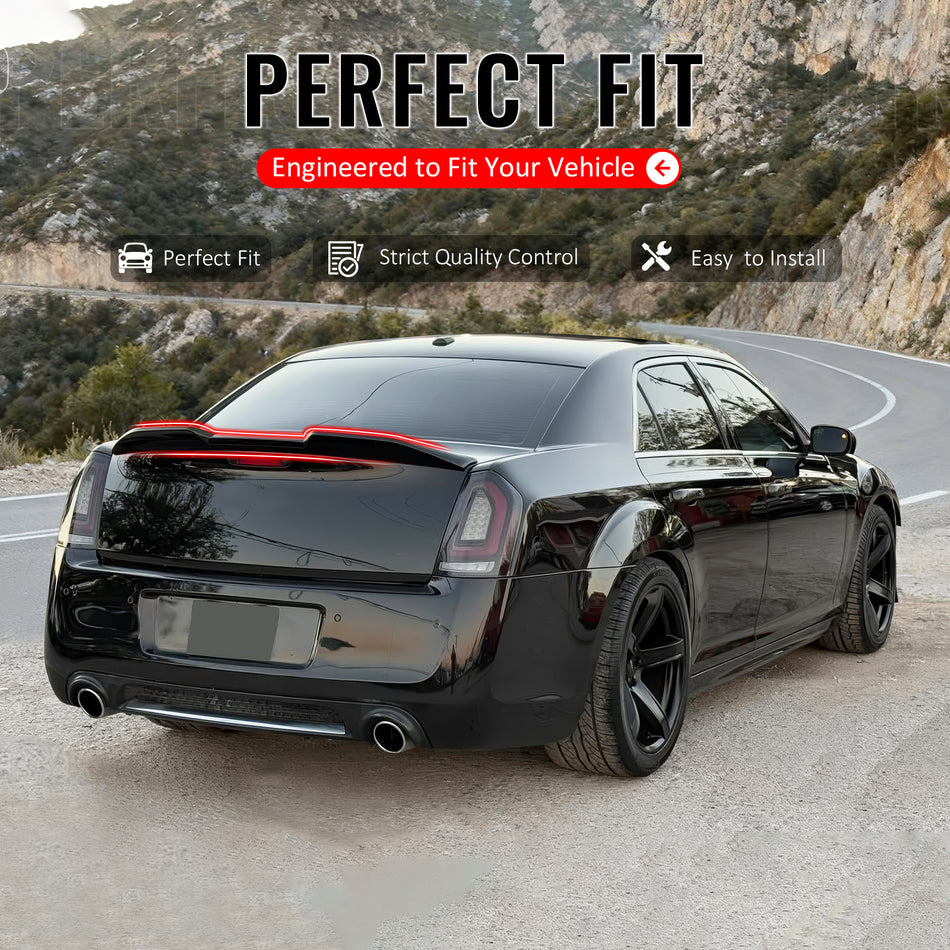 IKON MOTORSPORTS, Trunk Spoiler Compatible with 2011-2023 Chrysler 300 All Models, M Style Matte Black ABS Blow Molding Add-on Rear Trunk Lid Spoiler Wing Lip 1Piece