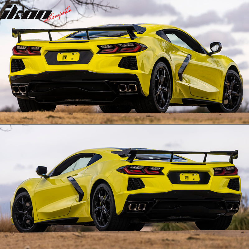 IKON MOTORSPORTS, Rear Trunk Spoiler Compatible With 2020-2024 Chevy Corvette C8 Stingray 2-Door, High Wing Style Carbon Fiber CF Car Exterior Rear Spoiler Wing Tail Lid, 2021