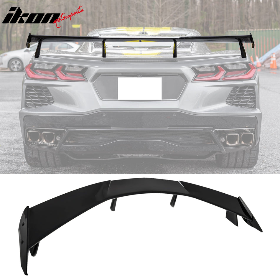 IKON MOTORSPORTS, Trunk Spoiler Compatible with 2020-2024 Chevy Corvette C8 Stingray & Z51, High Wing Style ABS Plastic Rear Trunk Lid Spoiler Wing Lip