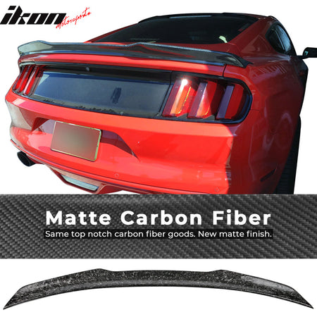 IKON MOTORSPORTS, Trunk Spoiler Compatible With 2015-2022 Ford Mustang S550 , Matte Forged Carbon Fiber V Style Rear Spoiler Wing, 2016 2017 2018 2019