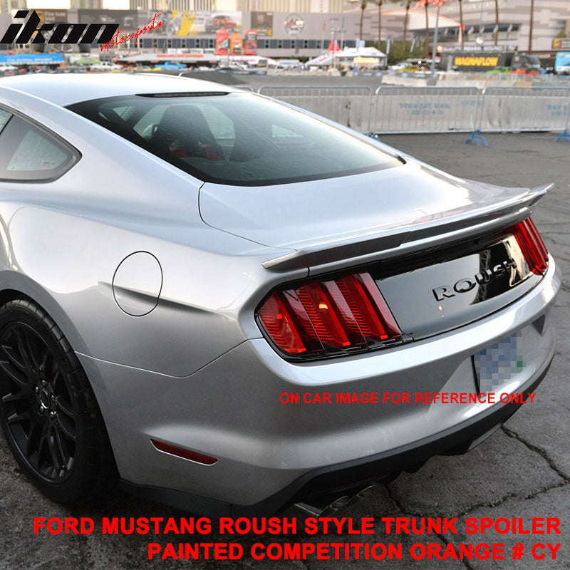 IKON MOTORSPORTS, Rear Trunk Spoiler Compatible With 2015-2023 Ford Mustang Coupe, Trunk Spoiler Wing Lip ABS Roush Style Painted #CY - Competition Orange, 2016 2017 2018 2019 2020