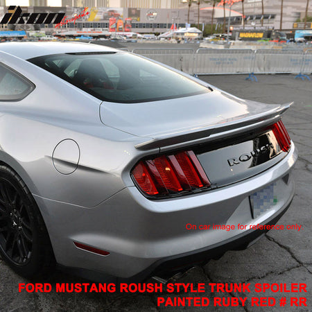 IKON MOTORSPORTS, Rear Trunk Spoiler Compatible With 2015-2023 Ford Mustang Coupe, Trunk Spoiler Wing Lip ABS Roush Style Painted #RR - Ruby Red Metallic, 2016 2017 2018 2019 2020