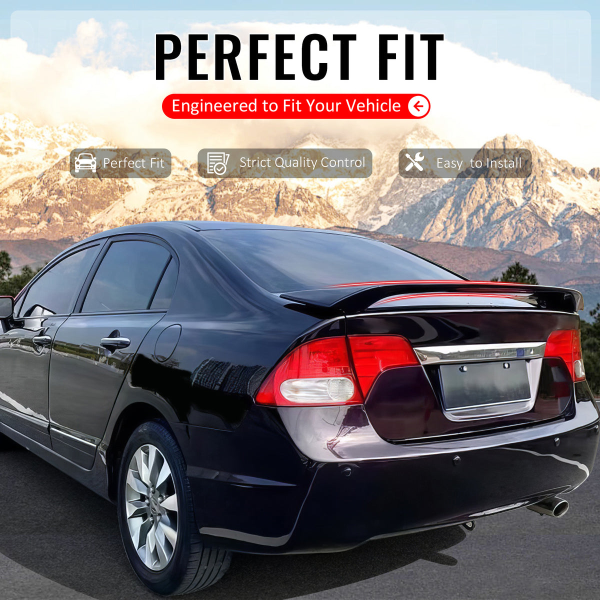 IKON MOTORSPORTS, Trunk Spoiler Compatible with 2006-2011 Honda Civic 8th Gen Sedan 4-Door, OE Style Gloss Black ABS Plastic Add-on Rear Trunk Lid Spoiler Wing Lip with 3rd Brake LED Light