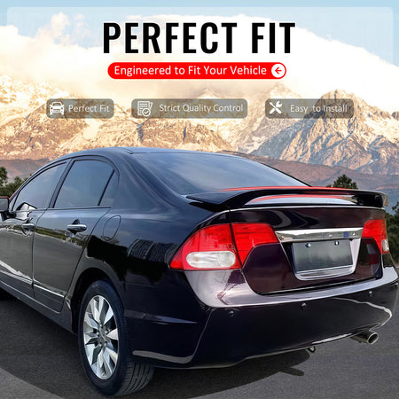 IKON MOTORSPORTS, Trunk Spoiler Compatible with 2006-2011 Honda Civic 8th Gen Sedan 4-Door, OE Style Gloss Black ABS Plastic Add-on Rear Trunk Lid Spoiler Wing Lip with 3rd Brake LED Light