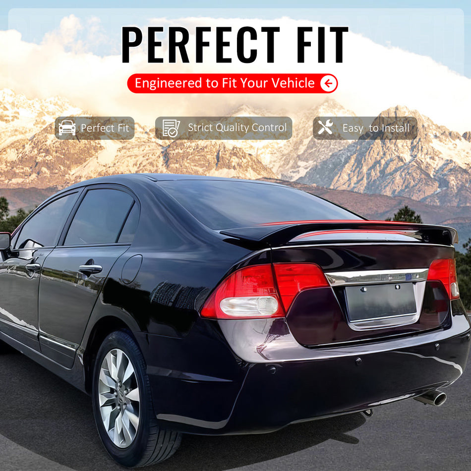 IKON MOTORSPORTS, Trunk Spoiler Compatible with 2006-2011 Honda Civic 8th Gen Sedan 4-Door, OE Style Gloss Black ABS Plastic Add-on Rear Trunk Lid Spoiler Wing Lip with 3rd Brake LED Light