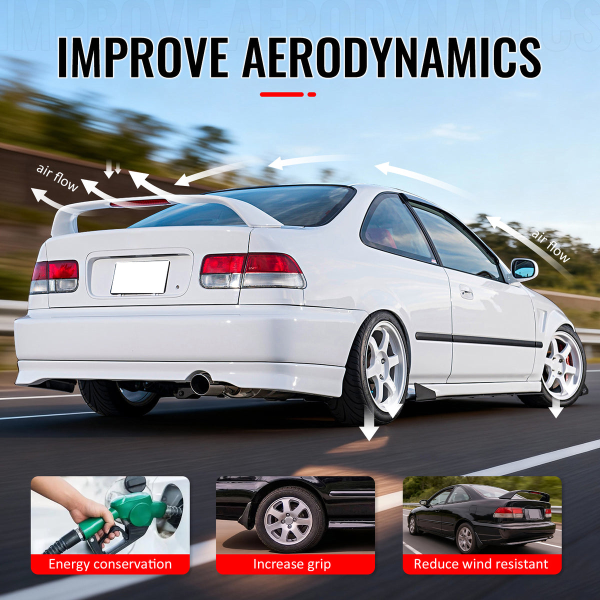 For 96-00 Honda Civic Coupe Rear Trunk Spoiler Wing ABS w/ LED Light