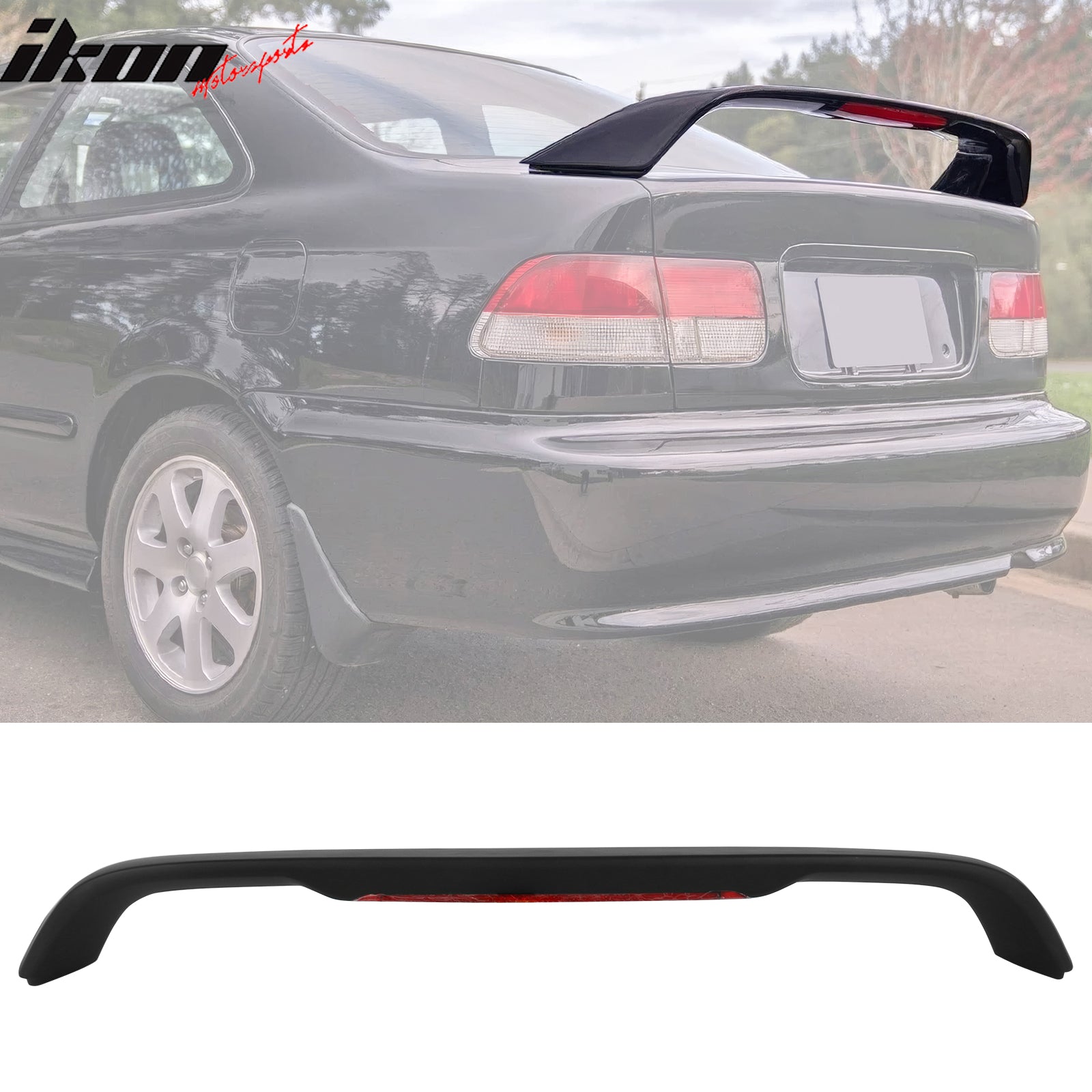 IKON MOTORSPORTS, Trunk Spoiler w/ LED Light Compatible with 1996-2000 Honda Civic Coupe 2 Door, ABS Plastic Rear Trunk Lid Spoiler Wing Lip