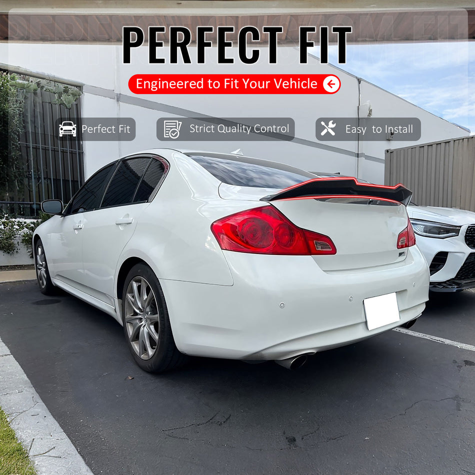 IKON MOTORSPORTS, Trunk Spoiler Compatible with 2009-2015 INFINITI G37 G25 Q40 Sedan 4-Door, PSM Style Carbon Fiber Print ABS Plastic Add-on Rear Trunk Lid Spoiler Wing Lip 1Piece